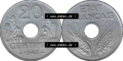 PNG einer Münze aus Frankreich 1941-1944, 20 Centimes, Cent 1943 Sammlung