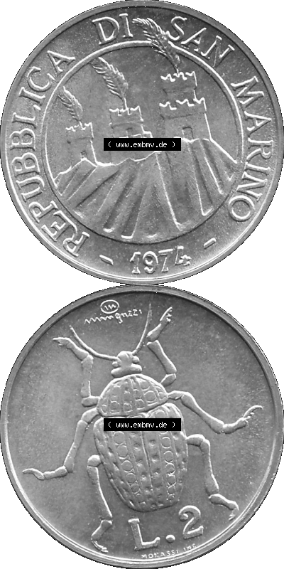 Münzensatz / KMS 1974 aus San Marino in Graustufen 1974-1974, 2 Lire, L.2 MINGUZZI MONASSI INC. Sammlung