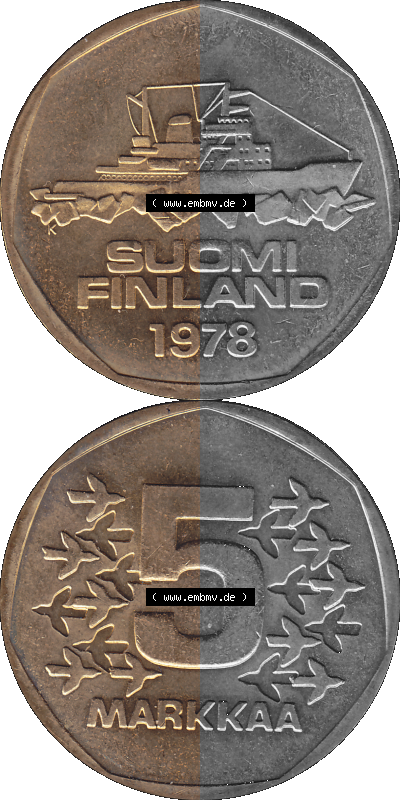 finnischen digitalisierten Münze in transparenten PNG 1972-1978, 5 finnische Mark, Markkaa, 1978 Sammlung