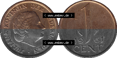 Münze der Niederlande 1951-1975, in PNG digitalisiert 1950-1980, 1 Cent Königin Juliana 1961, 1600 x 800 Pixel Querformat in... Sammlung