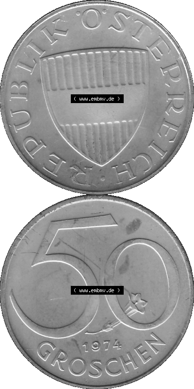 Alte Münze aus KMS Österreich, Kursmünzensatz 1974 in PP 1959-2001, 50 Groschen 1974, PNG Graustufen Bilder als Bildmaterial Sammlung