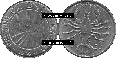Münzensatz / KMS 1974 aus San Marino in Graustufen 1974-1974, 20 Lire, L.20 MINGUZZI MONASSI INC. Sammlung