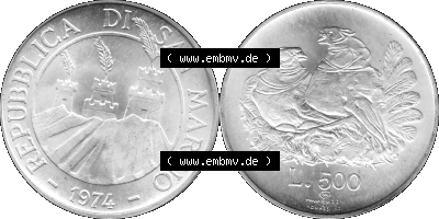Münzensatz / KMS 1974 aus San Marino in Graustufen 1974-1974, 50 Lire Silbermünze, L.500 MINGUZZI MONASSI INC. Sammlung