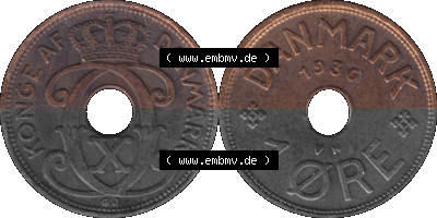 Alte Münze aus Dänemark als PNG-Grafik 1926-1940, 1 Öre 1936 (Stück 1) Kursmünze. Vorderseite und Rückseite horizontal auf... Sammlung