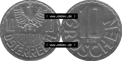 Alte Münze aus KMS Österreich, Kursmünzensatz 1974 in PP 1951-2001, 10 Groschen 1974, Graustufen PNG Bilder als Bildmaterial Sammlung