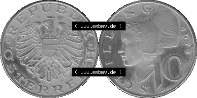 Alte Münze aus KMS Österreich, Kursmünzensatz 1974 in PP 1974-2001, 10 Schilling 1974, Graustufen PNG Bilder als Bildmaterial Sammlung