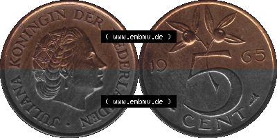 Alte Münze der Niederlande 1951-1975, in PNG digitalisiert 1950-1980, 5 Cent Königin Juliana 1965, 5 Cent Umlaufmünze aus den... Sammlung