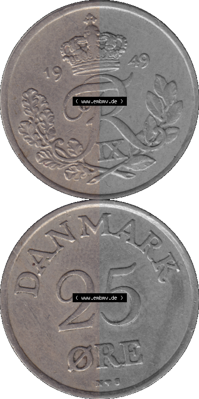 Alte Münze aus Dänemark als PNG-Grafik 1948-1955, 25 Öre 1949 (Stück 1) Kursmünze. Vorderseite und Rückseite vertikal auf... Sammlung