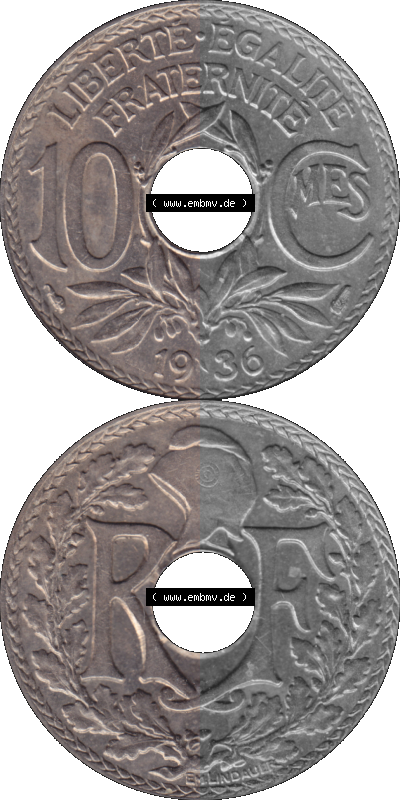 PNG einer Münze aus Frankreich 1917-1938, 10 Centimes, Cent 1936 Sammlung