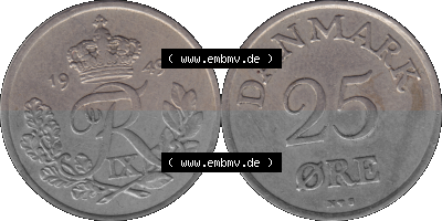 Alte Münze aus Dänemark als PNG-Grafik 1948-1955, 25 Öre 1949 (Stück 1) Kursmünze. Vorderseite und Rückseite horizontal... Sammlung
