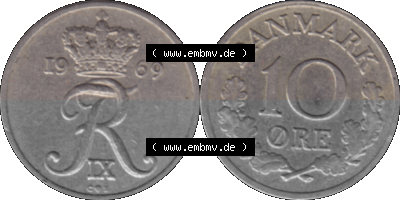 Alte Münze aus Dänemark als PNG-Grafik 1960-1972, 10 Öre 1969 (Stück 1). Vorderseite und Rückseite horizontal auf einen digitalen... Sammlung