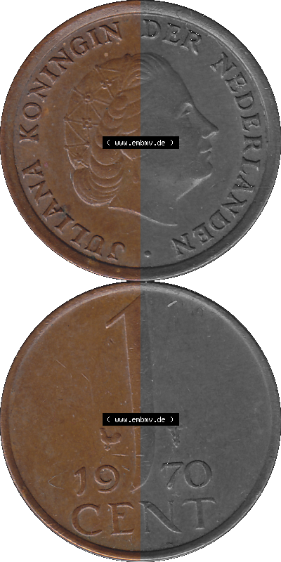 Alte Münze der Niederlande 1951-1975, in PNG digitalisiert 1950-1980, 1 Cent Königin Juliana 1970, Vorderseite und Rückseite... Sammlung