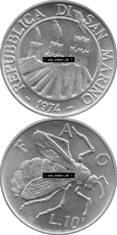 Münzensatz / KMS 1974 aus San Marino in Graustufen 1974-1974, 10 Lire, L.10 MINGUZZI MONASSI INC. Sammlung