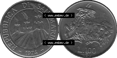 Münzensatz / KMS 1974 aus San Marino in Graustufen 1974-1974, 100 Lire, L.100 MINGUZZI MONASSI INC. Sammlung