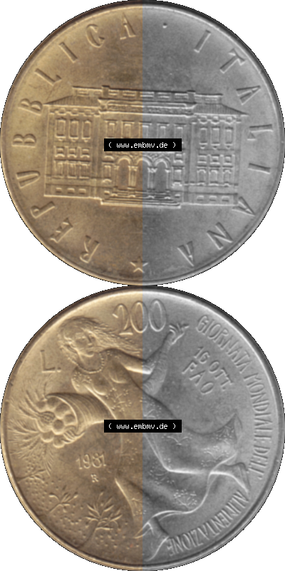 Münze aus Italien / Italia als PNG-Grafik 1981-1981, 200 Lire FAO - Welternährungstag 1981 Sammlung