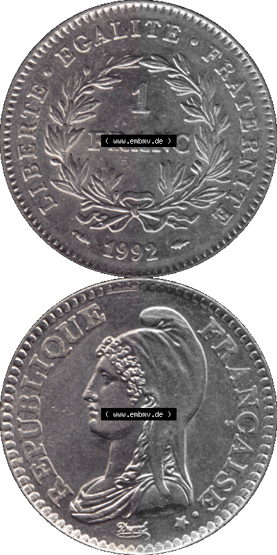 Münzen Frankreich Umlaufmünze 1992-1992, 1 Francs Liberty Freiheitsgöttin 1992 (Stück 1). Vorderseite und Rückseite vertikal... Sammlung