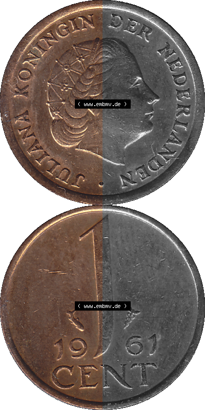 Münze der Niederlande 1951-1975, in PNG digitalisiert 1950-1980, 1 Cent Königin Juliana 1961, Vorderseite und Rückseite vertikal,... Sammlung