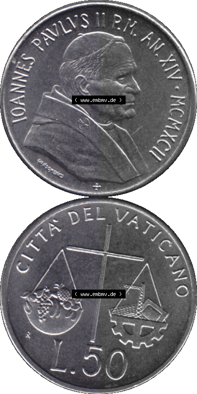 Vatikanstadt / Vatikan als PNG-Grafik 1992-1992, 50 Lire Papst Giovanni Paolo II. 1992 Sammlung