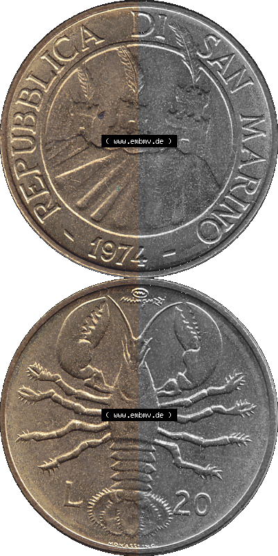 San Marino Münze 1974-1974 als transparente PNG-Grafik, 20 Lire, L.20 MINGUZZI MONASSI INC. Sammlung