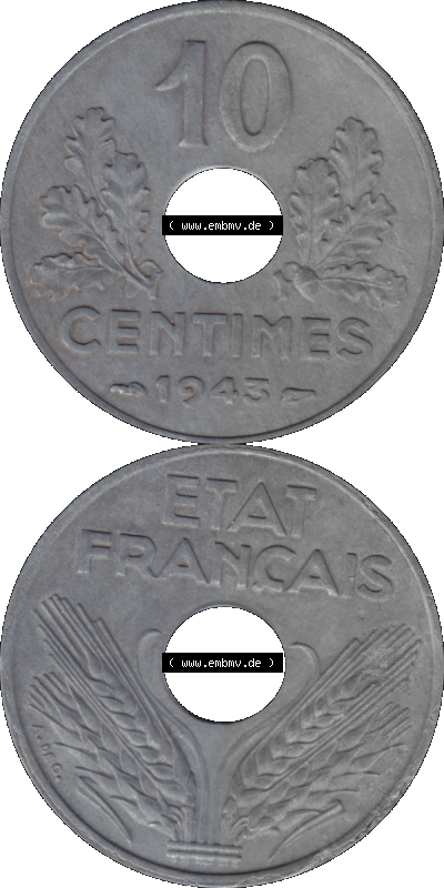 PNG einer Münze aus Frankreich 1941-1943, 10 Centimes, Etat Francais 1943 Sammlung