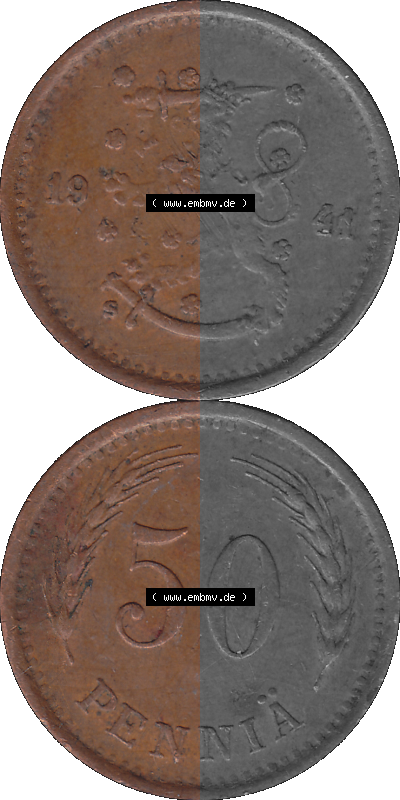 Finnland in transparenten digitalen PNG-Format 1940-1943, 50 Penny, Penniä, Kupfer 1941 Sammlung