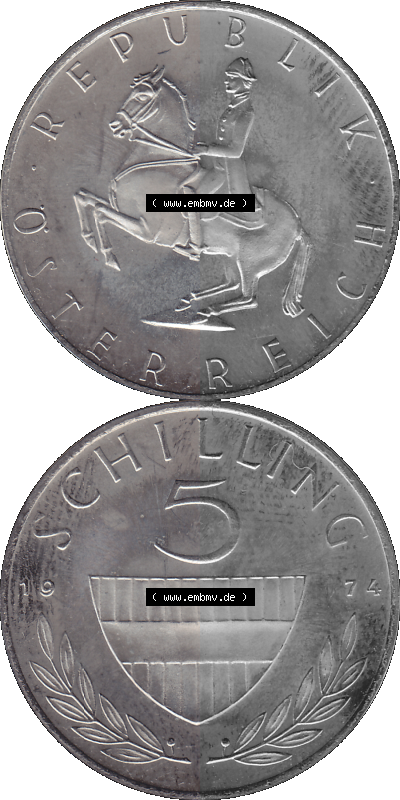 Alte Münze aus KMS Österreich, Kursmünzensatz 1974 in PP 1968-2001, 5 Schilling 1974 Sammlung