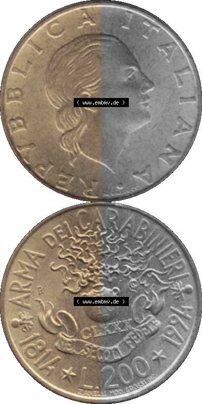 Münze aus Italien / Italia als PNG-Grafik 1994-1994, 200 Lire 180 Jahre Carabinieri 1994 Sammlung