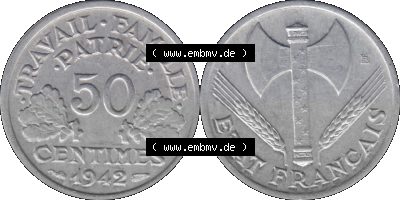 PNG einer Münze aus Frankreich 1942-1944, 50 Centimes, Cent 1942 Sammlung