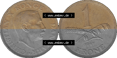 Alte Münze aus Dänemark als PNG-Grafik 1942-1947, 1 Krone 1947 (Stück 1) Kursmünze. Vorderseite und Rückseite horizontal... Sammlung