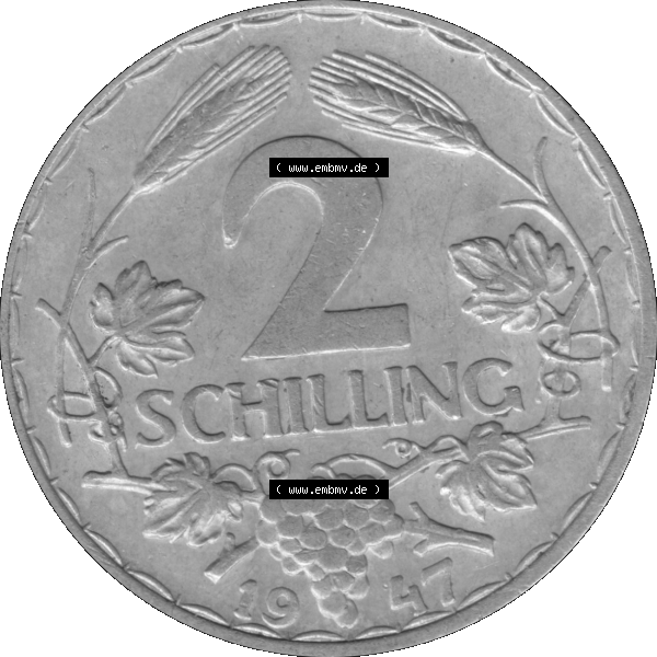 Grau bzw. s/w Alte Münze aus Österreich als PNG-Grafik 1946-1952, 2 Schilling 1947-01. Rückseite der alten 2 Schilling Umlaufmünze aus Österreich, Münze wurde vor dem... Sammlung Graustufen