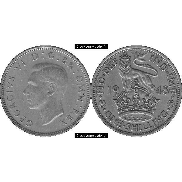 Grau bzw. s/w Alte Münze Großbritannien, Bild in Farbe bzw. Color PNG-Grafik 1947-1948, 1 One Schilling - One Shilling, 1948-07 Stehender gekrönter Löwe auf Krone.... Sammlung Graustufen