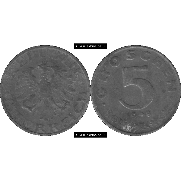 Grau bzw. s/w Alte Münzen Österreich 5 / Fünf Groschen in Farbe/Color 1948-1994, 5 Groschen 1948-01. Vorderseite und Rückseite der 5 / Fünf Groschen Münze aus dem... Sammlung Graustufen