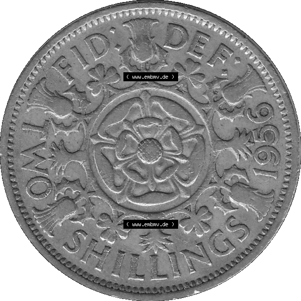 Grau bzw. s/w Alte Münze Großbritannien, Bild in Farbe bzw. Color PNG-Grafik, Umlaufmünze aus dem Zeitraum 1954-1970, 2 Schilling-Florin, Two Shillings, 1956-01 ELIZABETH... Sammlung Graustufen