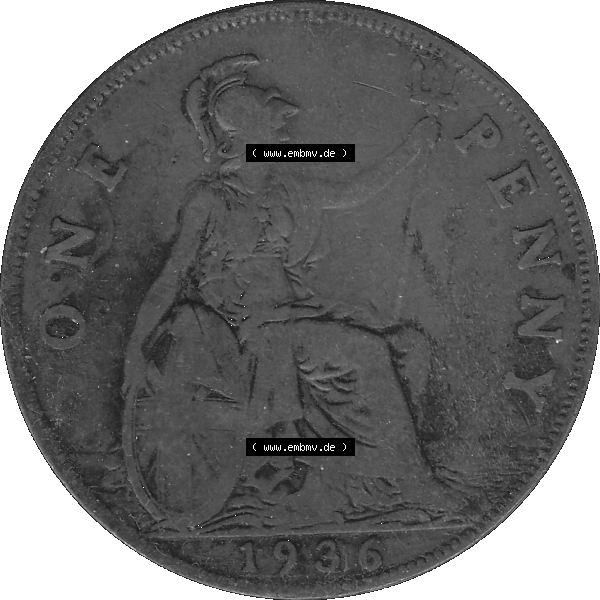 Grau bzw. s/w Alte Münze Großbritannien Umlaufmünze One Penny, 1 Pence 1928-1936, 1 One Penny, 1936-02 , George V. BM GEORGIVS V DEI GRABRITTOMNREX FIDDEFINDIMP.... Sammlung Graustufen
