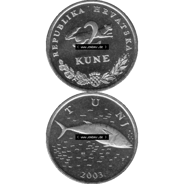 Grau bzw. s/w Alte Münze Kroatien Umlaufmünze 1993-2021, 2 Kune 2003-01. Vorderseite und Rückseite der Umlaufmünze / Kursmünze / Münze aus dem Zeitraum 1993-2022 Kroatien,... Sammlung Graustufen