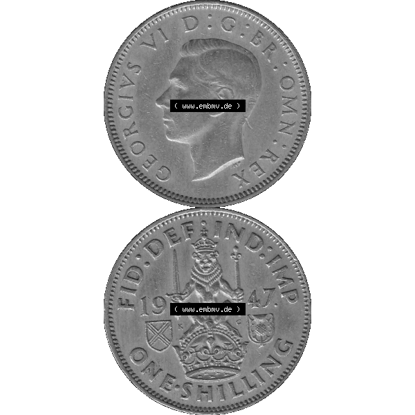 Grau bzw. s/w Alte Münze Großbritannien, Bild in Farbe bzw. Color PNG-Grafik 1947-1948, 1 One Schilling - One Shilling, 1947-01 Sitzender gekrönter Löwe auf Krone.... Sammlung Graustufen