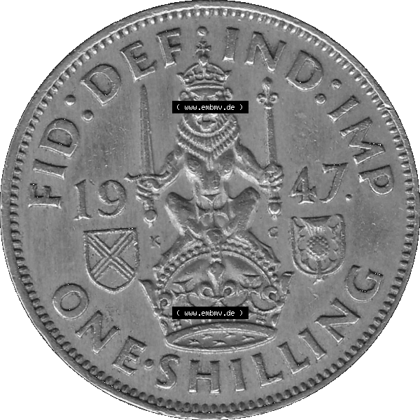 Grau bzw. s/w Alte Münze Großbritannien, Bild in Farbe bzw. Color PNG-Grafik 1947-1948, 1 One Schilling - One Shilling, 1947-01 Sitzender gekrönter Löwe auf Krone.... Sammlung Graustufen