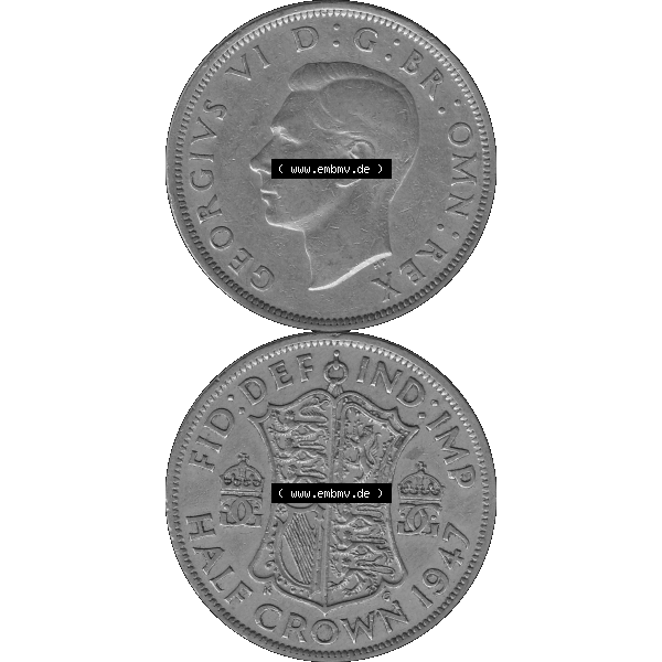 Grau bzw. s/w Alte Münze Großbritannien, Bild in Farbe bzw. Color PNG-Grafik 1947-1948, Halbe - 1/2 Krone, Half Crown 1947-01, George VI, FID DEF IND IMP HALF CROWN.... Sammlung Graustufen