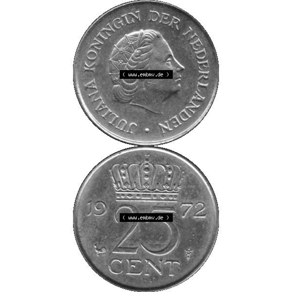 Grau bzw. s/w Alte Münze Niederlande in Grau 1950-1980, 25 Cent Königin Juliana 1972-01 Graustufen. Vorderseite und Rückseite vertikal auf einen digitalen in grau / Graustufen umgewandeltes... Sammlung Graustufen