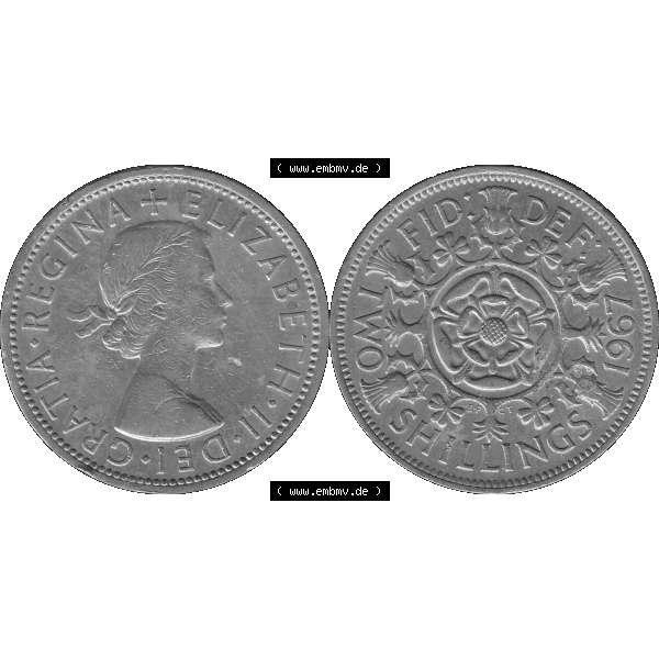 Grau bzw. s/w Alte Münze Großbritannien, Bild in Farbe bzw. Color PNG-Grafik, Umlaufmünze aus dem Zeitraum 1954-1970, 2 Schilling-Florin, Two Shillings, 1967-01 ELIZABETH... Sammlung Graustufen