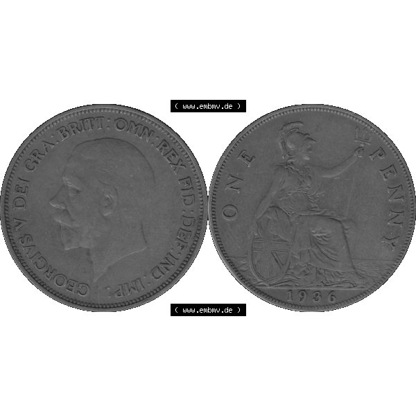 Grau bzw. s/w Alte Münze Großbritannien Umlaufmünze One Penny, 1 Pence 1928-1936, 1 One Penny, 1936-01, George V. BM GEORGIVS V DEI GRABRITTOMNREX FIDDEFINDIMP.... Sammlung Graustufen