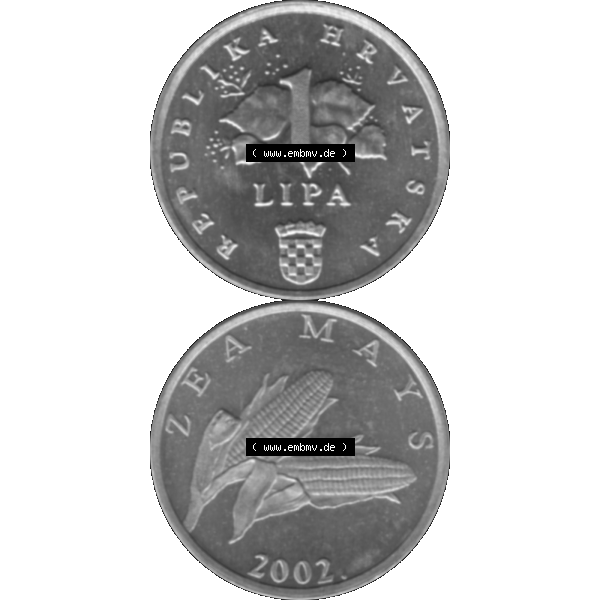 Grau bzw. s/w Alte Münze Kroatien Umlaufmünze 1994-2022, 1 Lipa 2002-01. Vorderseite und Rückseite der Umlaufmünze / Kursmünze / Münze aus dem Zeitraum 1993-2022 Kroatien,... Sammlung Graustufen