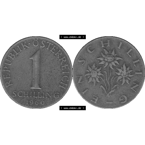 Grau bzw. s/w Alte Münzen Österreich 1 / Ein Schilling 1959-2001, 1 Schilling 1960-01, Ein Shilling Edelweiß. Vorderseite und Rückseite der 1 / Ein Schilling Münze... Sammlung Graustufen