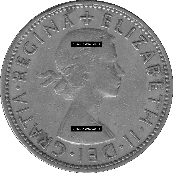 Grau bzw. s/w Alte Münze Großbritannien, Bild in Farbe bzw. Color PNG-Grafik, Umlaufmünze aus dem Zeitraum 1954-1970, 2 Schilling-Florin, Two Shillings, 1961-02 ELIZABETH... Sammlung Graustufen