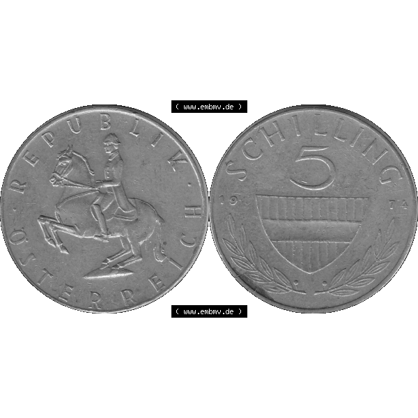 Grau bzw. s/w Alte Münze 5 / Fünf Schilling Österreich in original Farbgebung von Scanner transparenten PNG 1968-2001, 5 Schilling 1974-02, Reiter in der Levade. Vorderseite und... Sammlung Graustufen