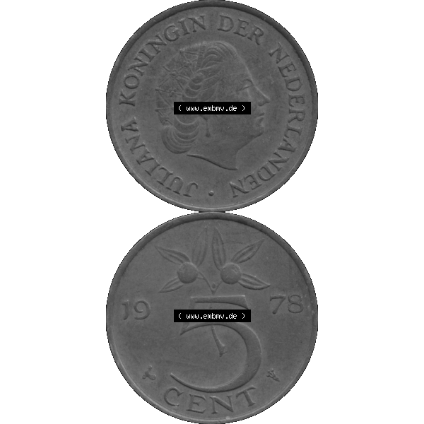 Grau bzw. s/w Alte Münze Niederlande in Grau 1950-1980, 5 Cent Königin Juliana 1978-01 Graustufen. Vorderseite und Rückseite vertikal auf einen digitalen in grau / Graustufen umgewandeltes... Sammlung Graustufen