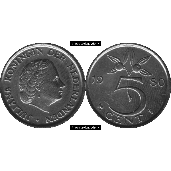 Grau bzw. s/w Alte Münze Niederlande in Grau 1950-1980, 5 Cent Königin Juliana 1980-01 Graustufen. Vorderseite und Rückseite horizontal auf einen digitalen grauen / Graustufen Bild der... Sammlung Graustufen
