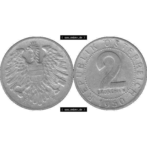 Grau bzw. s/w Alte Münze aus Österreich als PNG-Grafik 1950-1994, 2 Groschen 1950-01. Vorderseite und Rückseite der 2 Groschen Münze horizontal auf einen digitalen Bild der alten österreichischen... Sammlung Graustufen