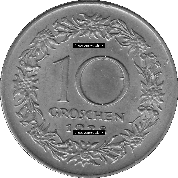 Grau bzw. s/w Alte Münze 10 / Zehn Groschen Österreich in original Farbgebung von Scanner transparenten PNG 1925-1929, 10 Groschen 1928-01, VS Triolerien, RS Wert mit Kranz. Rückseite... Sammlung Graustufen