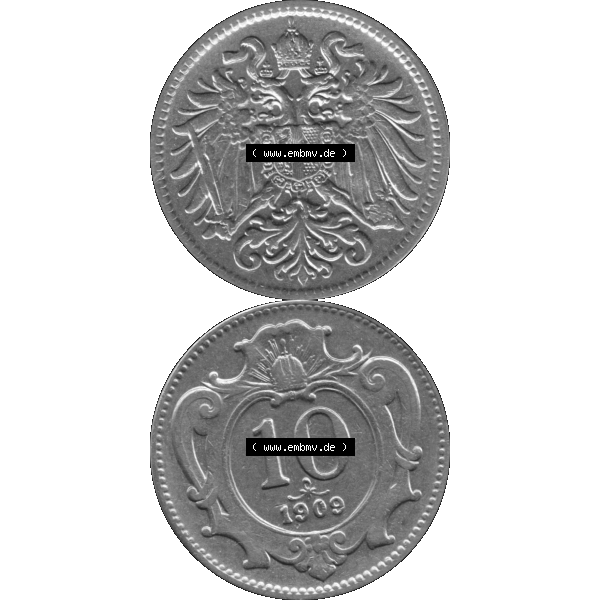 Grau bzw. s/w Alte Münze aus Kaiserreich Österreich als PNG-Grafik 1892-1911, 10 Heller 1909-01 Graustufen. Vorderseite und Rückseite in Graustufen der 10 Heller Münze aus dem österreichischen... Sammlung Graustufen